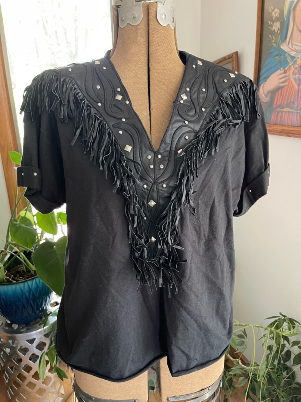 Tony Ward Rare Xperience Leather Fringe Studded Tee Medium
